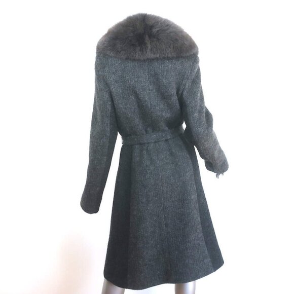 Fleurette Fox Fur Collar Wrap Coat Dark Gray Wool-Blend Size 14 - Picture 5 of 9